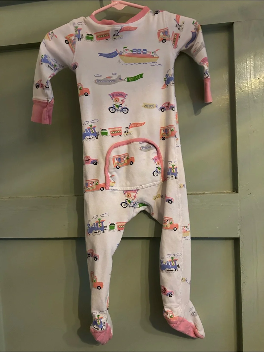 The Beaufort Bonnet Company Pink & White Footed One-Piece with Vehicle Print